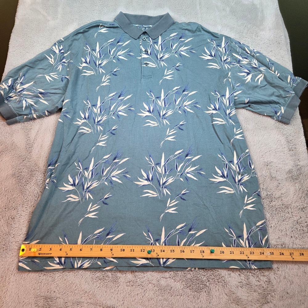 Bobby Chan Silk Polo Shirt Mens XXL Bamboo Leaf Print Short Sleeve Blue Tropical